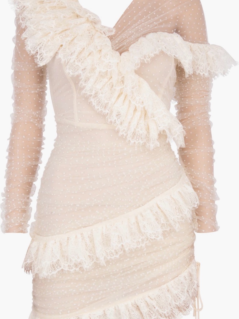 House Of Cb Cream Ruffle Lace Long Sleeve Dress